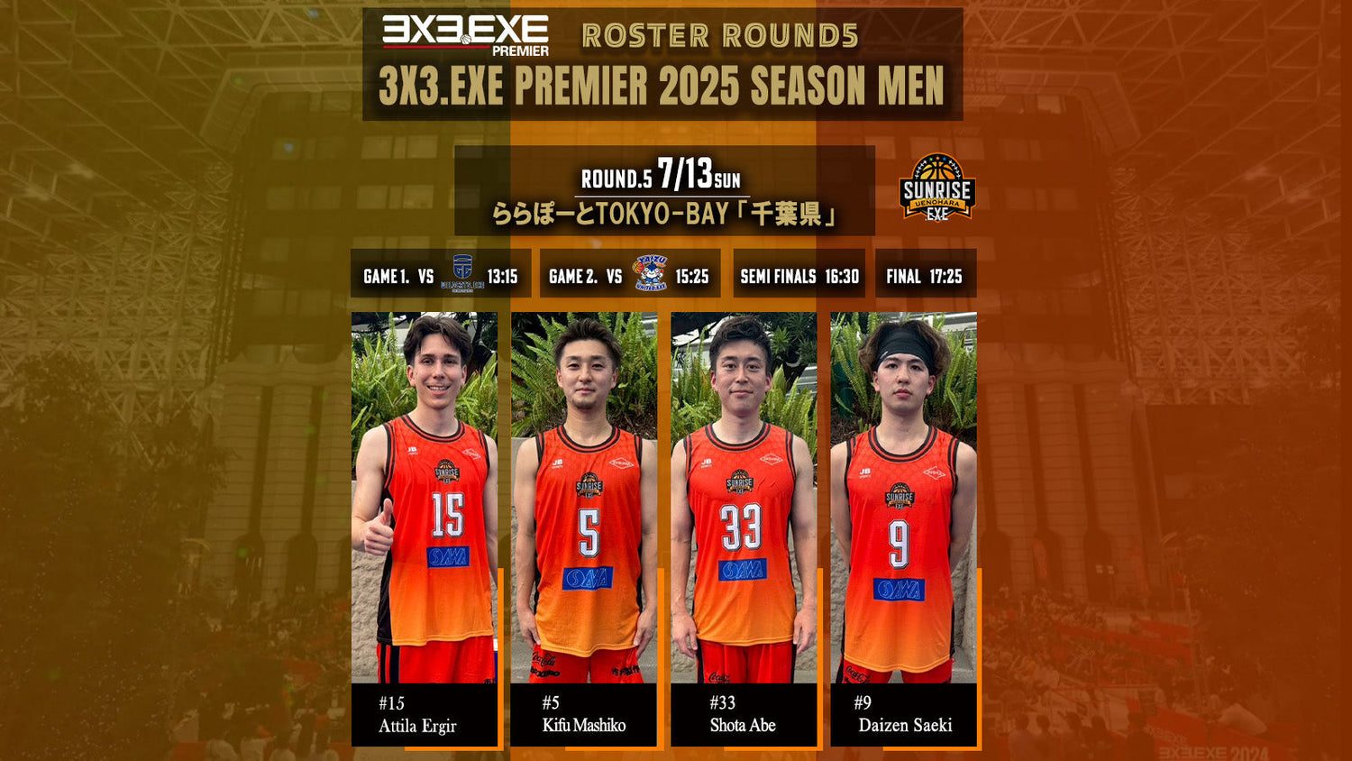 7/13(日)3x3.EXE PREMIER 2025 MEN ROUND.5 ROSTER決定 – UENOHARA SUNRISE